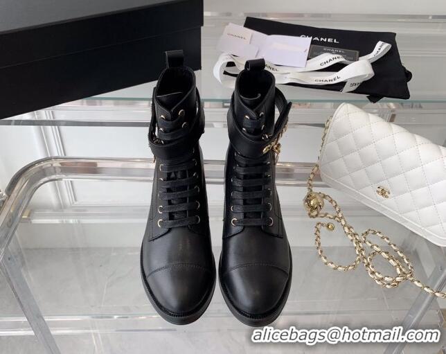 Low Price Chanel Calfskin Ankle Boots with Chain Black 082506