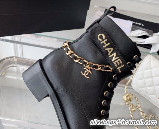 Low Price Chanel Calfskin Ankle Boots with Chain Black 082506