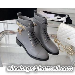 Fashion Chanel Calfskin Ankle Boots with Chain Gray 082507