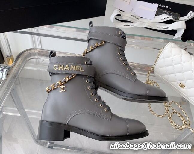 Fashion Chanel Calfskin Ankle Boots with Chain Gray 082507