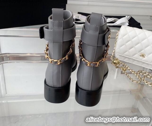 Fashion Chanel Calfskin Ankle Boots with Chain Gray 082507