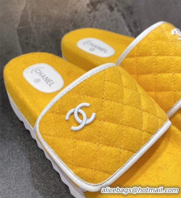 Stylish Chanel Towel Flat Slide Sandals Yellow/White 082508