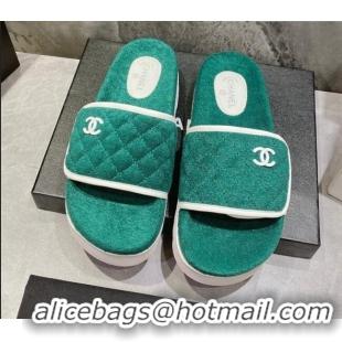 Good Quality Chanel Towel Flat Slide Sandals Green/White 082509