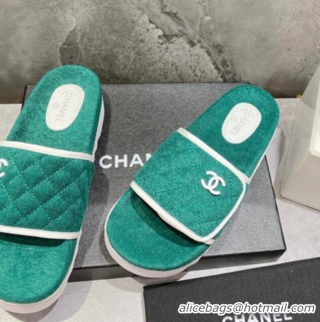 Good Quality Chanel Towel Flat Slide Sandals Green/White 082509