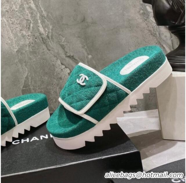 Good Quality Chanel Towel Flat Slide Sandals Green/White 082509