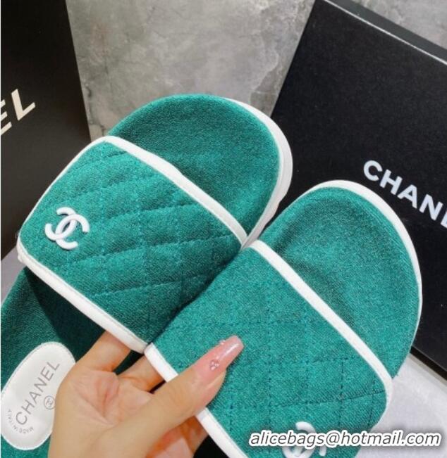 Good Quality Chanel Towel Flat Slide Sandals Green/White 082509