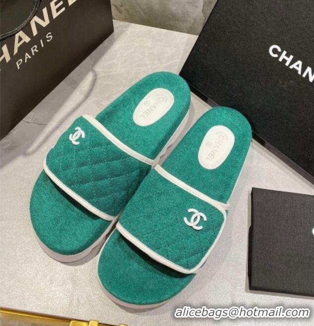 Good Quality Chanel Towel Flat Slide Sandals Green/White 082509