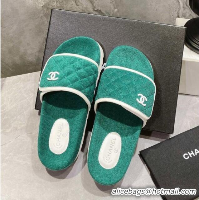 Good Quality Chanel Towel Flat Slide Sandals Green/White 082509