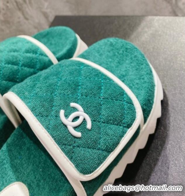 Good Quality Chanel Towel Flat Slide Sandals Green/White 082509