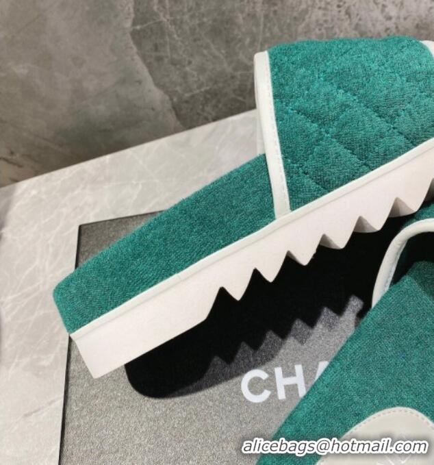 Good Quality Chanel Towel Flat Slide Sandals Green/White 082509