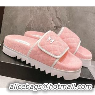 Grade Quality Chanel Towel Flat Slide Sandals Light Pink/White 082510