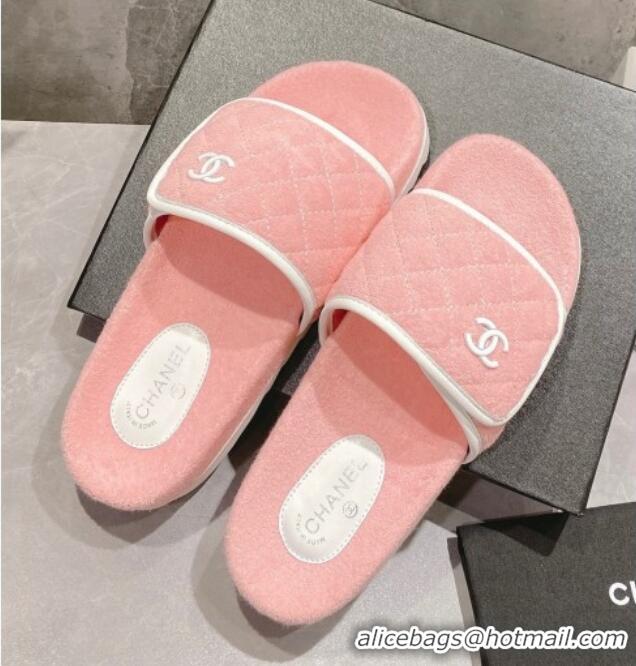 Grade Quality Chanel Towel Flat Slide Sandals Light Pink/White 082510