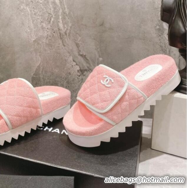 Grade Quality Chanel Towel Flat Slide Sandals Light Pink/White 082510