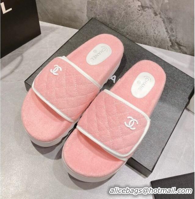 Grade Quality Chanel Towel Flat Slide Sandals Light Pink/White 082510