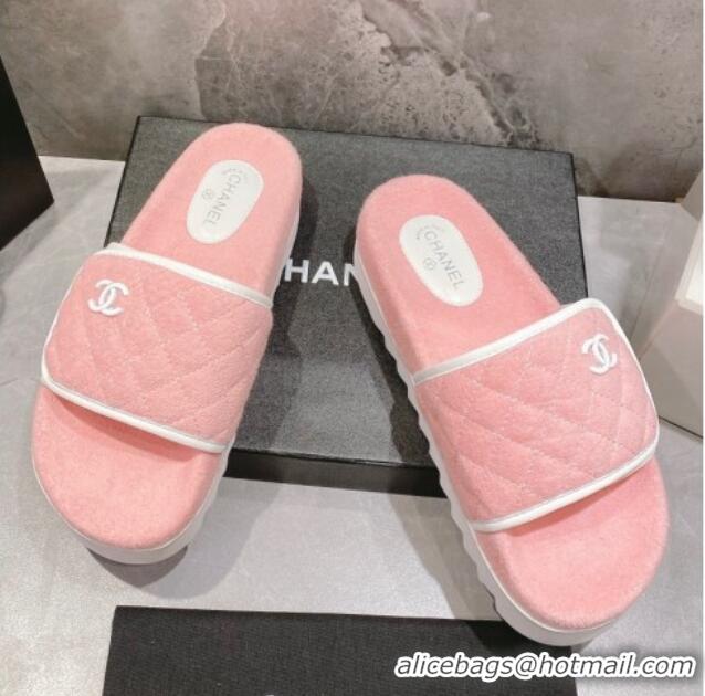 Grade Quality Chanel Towel Flat Slide Sandals Light Pink/White 082510