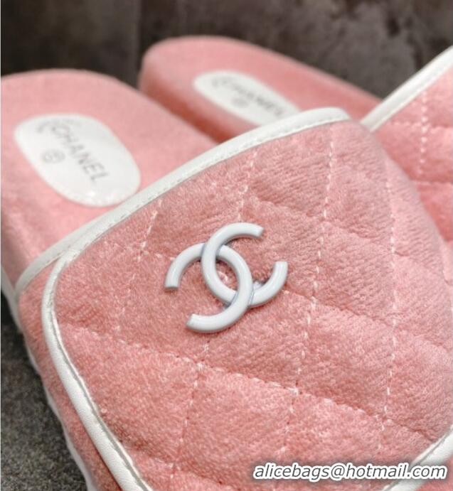 Grade Quality Chanel Towel Flat Slide Sandals Light Pink/White 082510