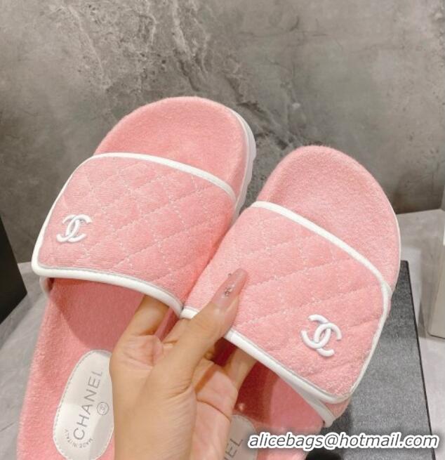 Grade Quality Chanel Towel Flat Slide Sandals Light Pink/White 082510