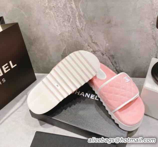 Grade Quality Chanel Towel Flat Slide Sandals Light Pink/White 082510