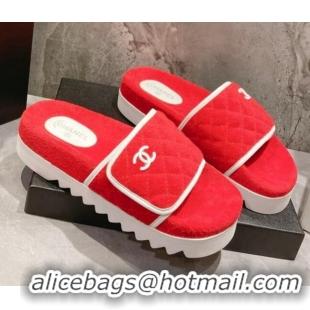 Best Grade Chanel Towel Flat Slide Sandals Red/White 082512