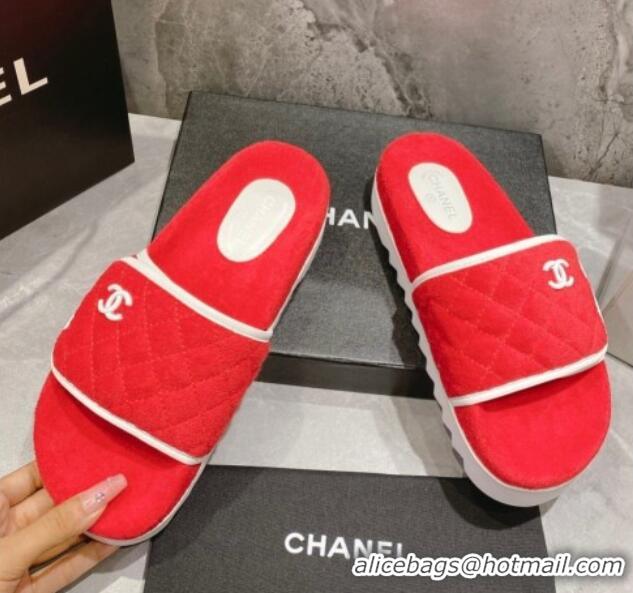 Best Grade Chanel Towel Flat Slide Sandals Red/White 082512