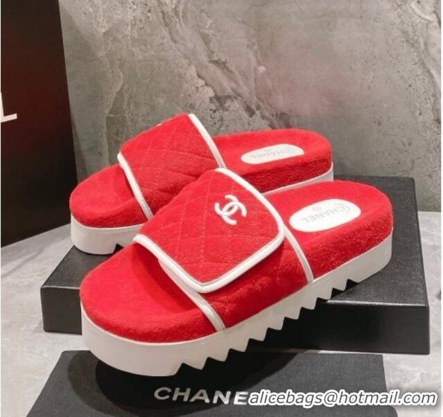 Best Grade Chanel Towel Flat Slide Sandals Red/White 082512