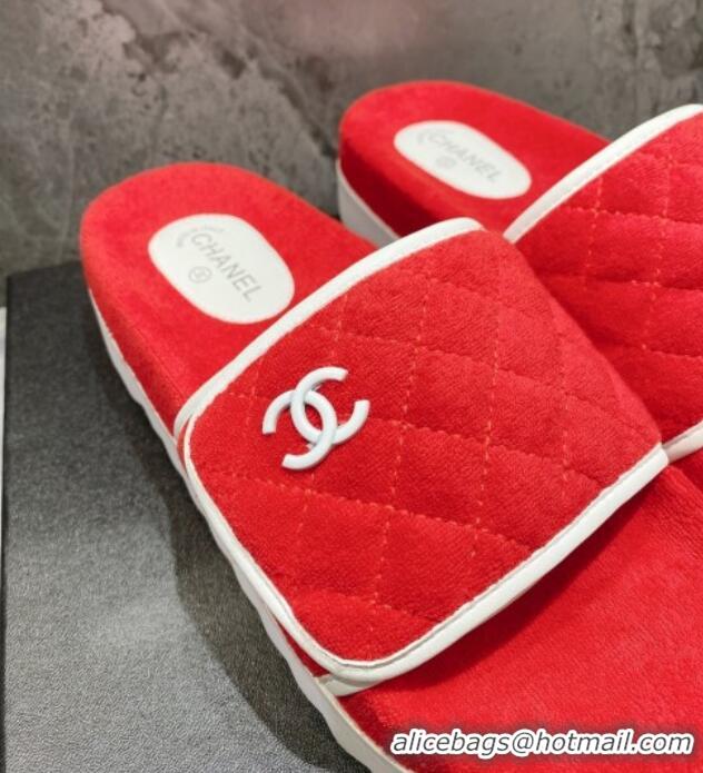 Best Grade Chanel Towel Flat Slide Sandals Red/White 082512