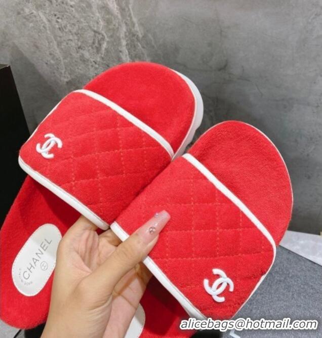 Best Grade Chanel Towel Flat Slide Sandals Red/White 082512