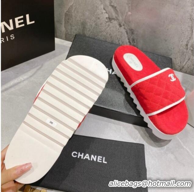 Best Grade Chanel Towel Flat Slide Sandals Red/White 082512