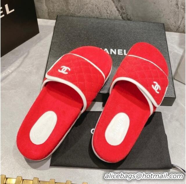 Best Grade Chanel Towel Flat Slide Sandals Red/White 082512