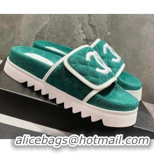 Top Grade Chanel CC Towel Flat Slide Sandals Green 082514