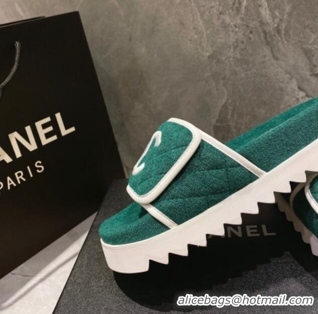 Top Grade Chanel CC Towel Flat Slide Sandals Green 082514