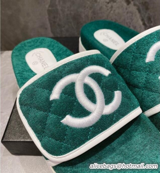 Top Grade Chanel CC Towel Flat Slide Sandals Green 082514