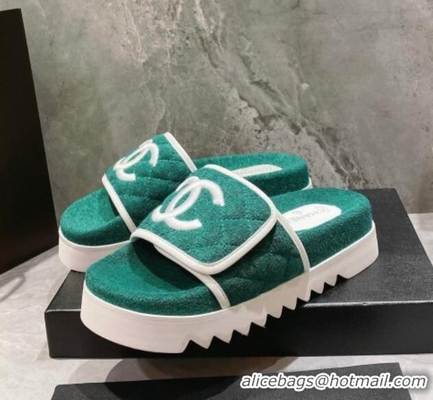 Top Grade Chanel CC Towel Flat Slide Sandals Green 082514