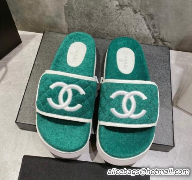 Top Grade Chanel CC Towel Flat Slide Sandals Green 082514