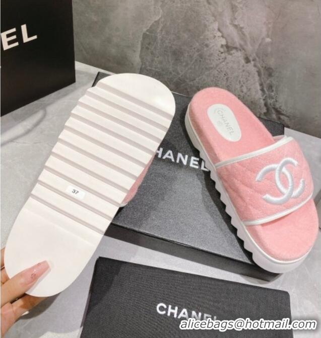 Pretty Style Chanel CC Towel Flat Slide Sandals Light Pink 082515