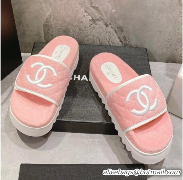 Pretty Style Chanel CC Towel Flat Slide Sandals Light Pink 082515