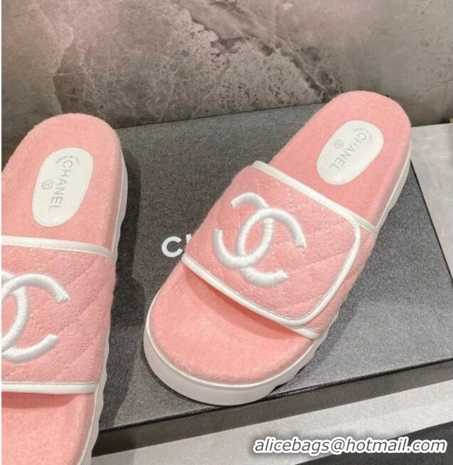 Pretty Style Chanel CC Towel Flat Slide Sandals Light Pink 082515