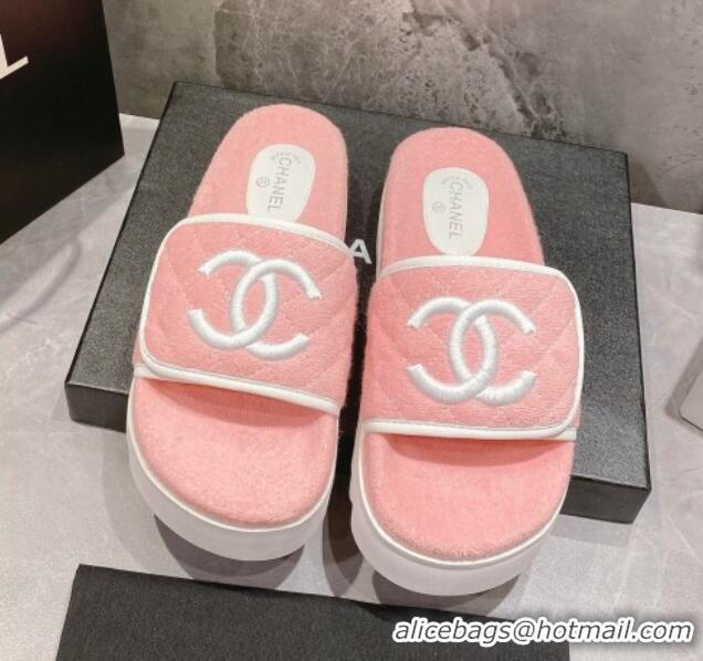 Pretty Style Chanel CC Towel Flat Slide Sandals Light Pink 082515