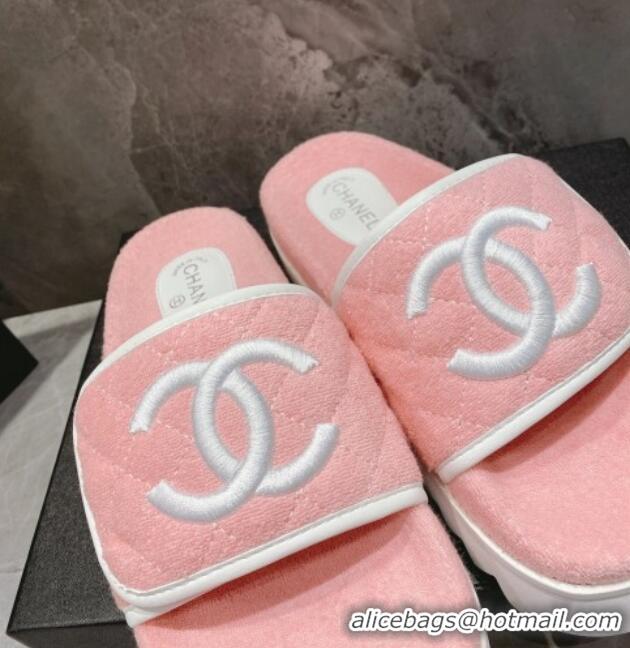 Pretty Style Chanel CC Towel Flat Slide Sandals Light Pink 082515