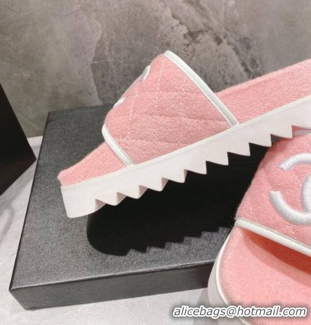 Pretty Style Chanel CC Towel Flat Slide Sandals Light Pink 082515