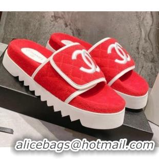 Best Grade Chanel CC Towel Flat Slide Sandals Red 082517