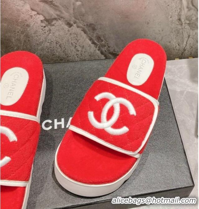 Best Grade Chanel CC Towel Flat Slide Sandals Red 082517