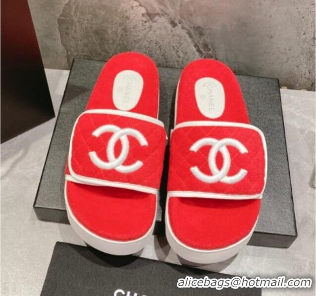 Best Grade Chanel CC Towel Flat Slide Sandals Red 082517