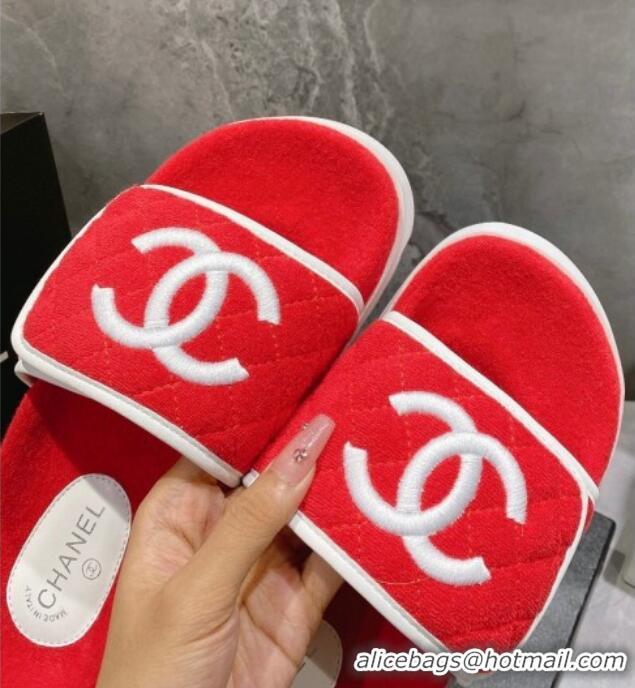 Best Grade Chanel CC Towel Flat Slide Sandals Red 082517