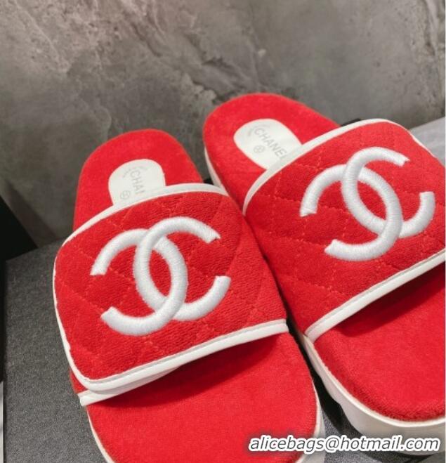 Best Grade Chanel CC Towel Flat Slide Sandals Red 082517