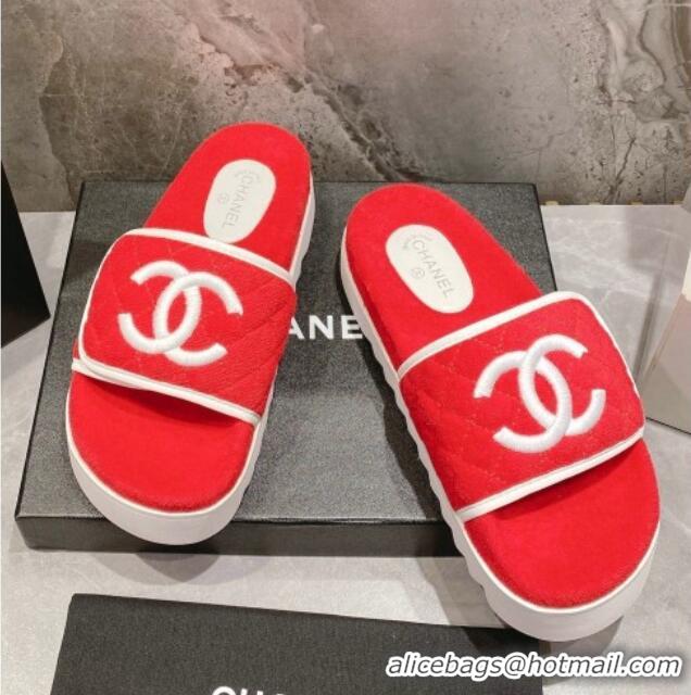 Best Grade Chanel CC Towel Flat Slide Sandals Red 082517