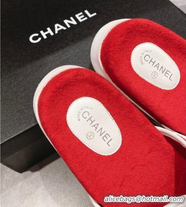 Best Grade Chanel CC Towel Flat Slide Sandals Red 082517