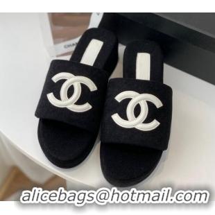 Unique Style Chanel Towel Cloth Platform Slide Sandals 5cm Black 082524