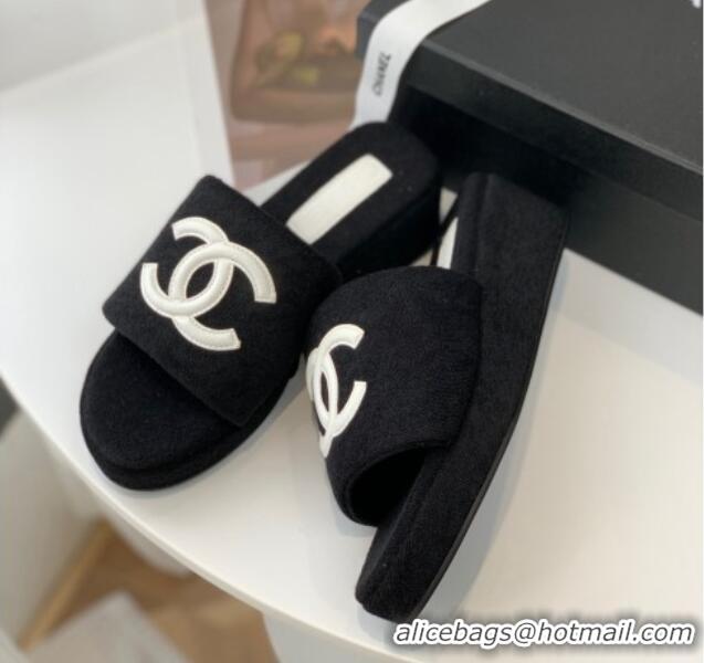 Unique Style Chanel Towel Cloth Platform Slide Sandals 5cm Black 082524