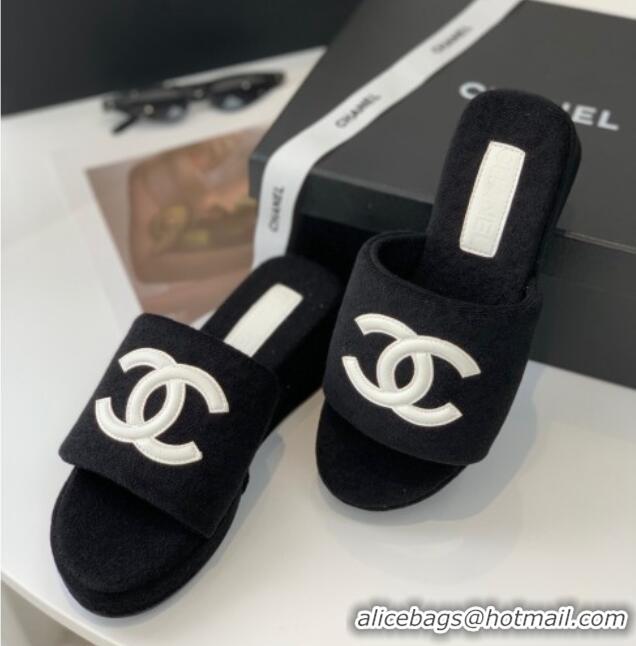 Unique Style Chanel Towel Cloth Platform Slide Sandals 5cm Black 082524